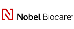 Nobel Biocares logotyp med ett rött stiliserat "N" bredvid företagsnamnet i svart och röd text på vit bakgrund, betrodd inom tandvård Sverige och känd för innovation inom tandimplantat.